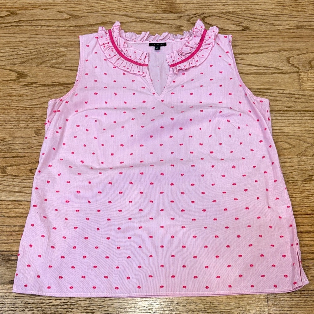 Talbots Pink Ruffle-Trim Sleeveless Blouse with Hot Pink Dot Print
